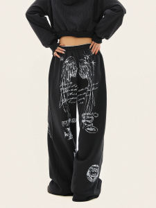 American Retro Design Printed Sporty Wide Leg Pants Straight Cut Loose Fit Streetwear for Men And Women Casual Comfortable
