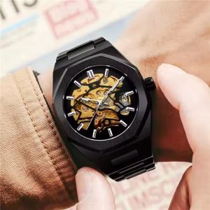 FORSINING 344D Top Brand Luxury Skeleton Automatic Mechanical Mens Watch Hollow Design Luminous Stainless Steel Strap Clock Men