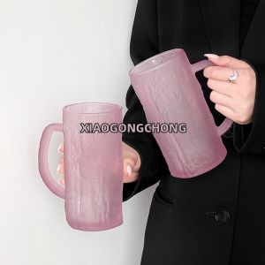 ZUOLEJIA | Ins Style Bark Texture Matte Pink Handled Beer Mug