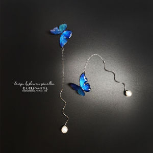 Blue Butterfly Ear Wire S925 Pure Silver Long Pearl Earrings Anti-allergy Holiday Forest System Dreamy Clip-on Earrings