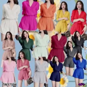 CH17594 Set 2 ชิ้น เสื้อคอปกแขนยาว + กางเกงขาสั้น