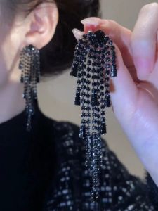 Retro Long Black Zircon Tassel Earrings Face Slimming Elegant Oversized Cold Style Fashion Jewelry for Women Alloy Plated Gold
