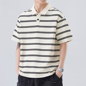 ROMON | Romon Ice Silk Loose Striped Polo Shirt Short Sleeve Casual Thin Summer Fashion Urban Style Polyester Cotton Blend T-Shirt