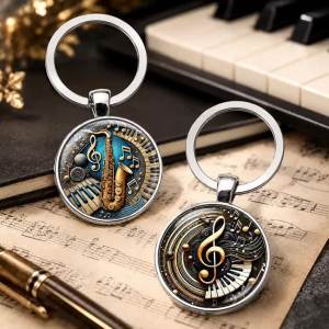 Retro Treble Clef Glass Keychain With Piano Pattern Round Pendant For Music Lovers Teachers Students Men Women Gift Souvenir