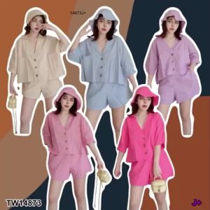 B14873 Set 3 ชิ้น เสื้อคอปกกระดุมหน้า+กางเกงขาสั้น+หมวกบัคเกต Set 3 pieces: shirt with front button collar + shorts + bucket hat