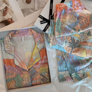 ชุดนอนผ้าไหมไหม 100% กล่องของขวัญสุดหรู ชุดนอนผู้หญิง ชุดอยู่บ้านฤดูใบไม้ผลิและฤดูร้อน ชุดนอนผ้าฝ้ายผสมโพลีเอสเตอร์ ชุดนอนผู้หญิง