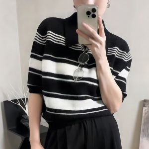 2025 Autumn Winter New Style Korean Version Fashion Striped Color Block Knitwear Simple Loose Commuter Short Sleeve Top