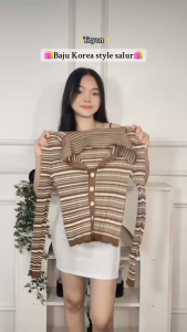 ONEFASHIONMALL Cardigan Stripe Lengan Panjang Kancing Depan Baju Atasan Rajut Garis Wanita SL040