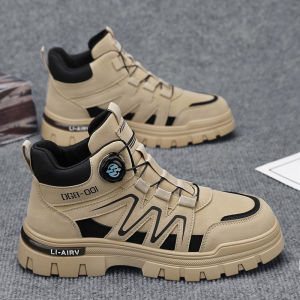 Mens Martin Boots with Rotating Buttons Outdoor Casual Hiking Boots Electric Welding Worker Workwear Leather Boots