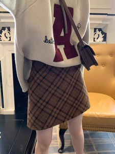 Plus Size Retro Red Gingham Skirt Womens Fall and Winter New Arrival High Waist Belly Covering Woolen A- line Skirt Bodycon Dress