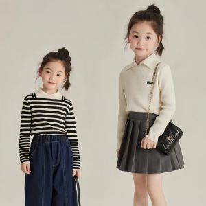 เสื้อสเวตเตอร์ถักทรงเข้ารูปแขนยาวสำหรับเด็กผู้หญิง ฤดูใบไม้ร่วง/ฤดูหนาว เสื้อชั้นใน เสื้อสเวตเตอร์ถักคอปกเสื้อผ้าเด็ก 2 สี