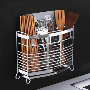 Wall-Mounted 304 Stainless Steel Kitchen Fork Spoon Storage Rack Chopsticks Cage Home Kitchen Utensils Organizer No Drilling
