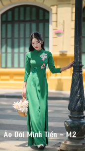 Áo Dài Lụa Mỹ Cao Cấp Họa Tiết Thêu Thủ Công Tỉ Mỉ - Mã M2 Xanh Lá