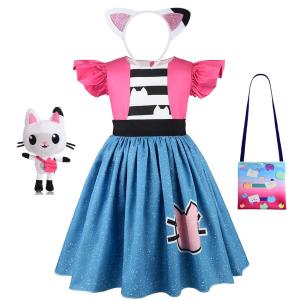 Kids Gabby Inspired Princess Dress with Cat Ear Headband Sparkly Cat Print Party Gown Girls Birthday Party Fancy Dress