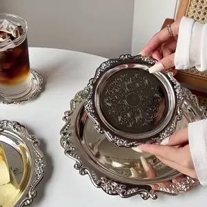 Retro Luxury Silver Plated Plates Cake Dessert Tray High Tea Snack Fruit Dish Jewelry Storage Tabletop Decor Home Hotel Supplies