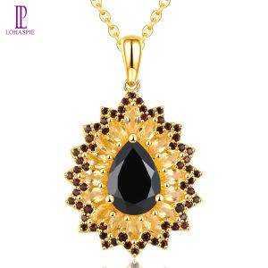 Lohaspie Jewelry Real 3.6 Carats Pendant Silver 925 Original Natural Black Spinel Citrine Pendant Yellow Gold Plated Pear Cut Gemstone Women Fashion Pendant 925 Silver Jewelry