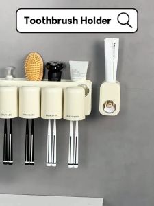 Ready Stock Drill-Free Wall Mounted Toothbrush Holder Traceless Punch-Free Automatic Toothpaste Squeezer Dispenser Hangable Mouthwash Cup Durable Space Saving Storage Organizer Rack Multipurpose Use Modern Cheap Home Living Bathroom Toilet Anti Bacteria