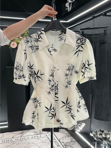 New Elegant Plus Size Waist-Cinching Bamboo Leaf Short Sleeve Shirt