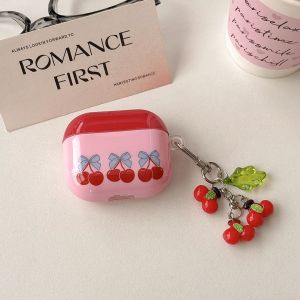 Cute Three Red Cherry Bowknot Patterns Glossy Protective Earphone Case with Cherry Pendant Cover for AirPods 1 2 3 4 Pro Pro2