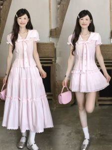 SUSIEYUAN | Sweet Butterfly Knot Lace Pink Long Dress Women Summer New Style Beautiful Set Elegant Skirt Casual Style Polyester Fiber Cotton Blend