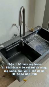 Chậu Rửa Bát 1 Hố Inox SUS 304 mạ Nano Đen Xám Kèm Các Mẫu Vòi Rửa Bát Nóng Lạnh