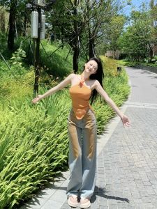 High Waist Loose Straight Leg Pants Retro Washed Mud Dyeing Spicy Girl Summer Warm Orange Long Trousers for plus Size Women