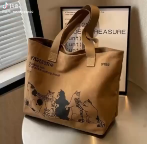HOME + HOUND Portable Shoulder Bag With Zipper Canvas Korean Style Cat Tote Bag For Women