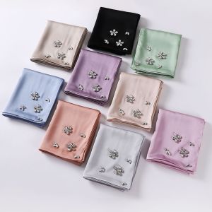 Jifang Soft Smooth Plain Bubble Chiffon Pashmina Shawl Shiny Handmade Diamond-studed Imitation Silk Head Scarf Muslim Hijabs Shawls SL275