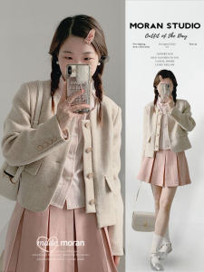 Bộ Ba Mảnh Áo Khoác Ngắn Và Chân Váy Cạp Cao Phong Cách Ngọt Ngào Kiểu Dáng Ngắn Kiểu Dáng Chữ A Chất Liệu Khác Mùa Thu