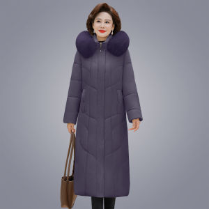 Áo Khoác Cotton Dày Cho Phụ Nữ Trung Niên Và Cao Tuổi Mùa Đông Dài qua Đầu Gối Cỡ Lớn Có Mũ Trùm Đầu Có Khóa Kéo