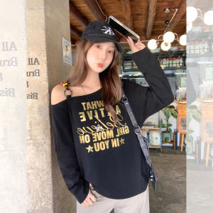 Womens Long Sleeve T-Shirt Letter Print Slant Collar Base Shirt Top Korean Style Loose Fit Daily Wear Cotton Polyester Blend