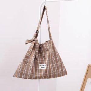 Simple Large Capacity Canvas Shoulder Bag Womens Plaid Korean Style College Class Bag Tote Bag Casual Handbag Shopping Bag
