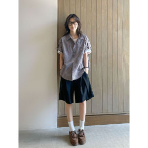 Retro American Plaid Short Sleeve Shirt Womens Loose Lazy Style Shirt Summer New Arrival Thin Top Breathable Comfortable Polo Collar