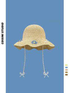2025 New Pearl Chain Flower Grass Woven Fisherman Hat Women Summer Hollow out Beach Vacation Sun Protection Hat Casual Style