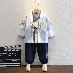 Boys Hanfu Costume Cotton Linen Performance Suit Three-Piece Set Book Boy Traditional Chinese Clothing Spring Autumn New Arrival