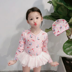 INS Kids Swimsuit Female Princess Skirt Long Sleeves Sun Protection One-Piece Swimming Suit Baby Cute Gauze Skirt Swimsuit