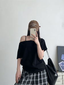 Slimming Two-Way Wear Shoulder Bared Short Sleeve T-Shirt Loose Fit Womens Commute Style Regular Length Pure Color Other Material