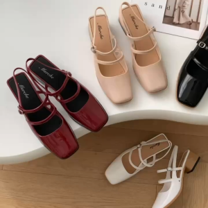 Marche  Womens French Retro Style Square Toe Thick-Heels Fashionable Jelly Rubber Mary Jane Shoes