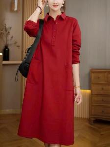 Fashionable Cotton Shirt Dress Women Loose Tummy Cover Pure Color Casual Mom Large Size Midi Skirt Spring Autumn A-Line Dress