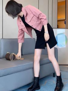 Fashionable Hong Kong Style Short Womens Spring Clothing Denim Jacket Split Bodycon Dress Versatile Set Trendy Commute Style