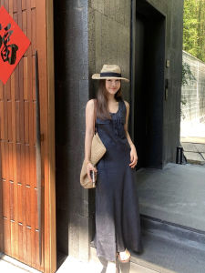Icebella Summer Long Sleeveless U-Neck Denim Dress High Waist A-Line Gown French Style Casual Chic Linen Cotton Maxi Dress
