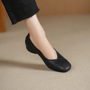 รองเท้าส้นหนาแบบสวมครึ่งนิ้วหนังนิ่มสำหรับผู้หญิง ทรงหัวมน รองเท้าลำลอง สไตล์ฤดูใบไม้ผลิและฤดูใบไม้ร่วง