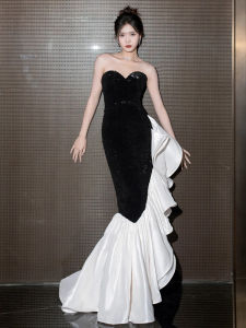 สีดำ เลื่อม ชุดเดรสออกงานกลางคืน เซ็กซี่ ไม่มีสาย หางปลา ชุดราตรี สําหรับการสําเร็จการศึกษา พิธีผู้ใหญ่ งานเลี้ยงหมั้น ยาว สำหรับงานกลางคืน ชุดราตรี