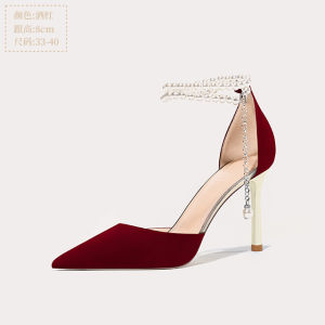 Lireko Wedding Shoes High Heels Chinese Style Sweet Star Pattern Bead Embellished Sharp Pointed Toe Rubber Sole Wedding Footwear