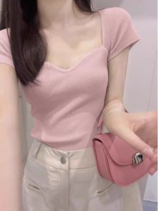 HUOLISI | Stylish Square Neck Short Sleeve Ice Silk Knit Top Pink