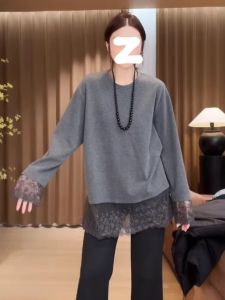 Versatile Lace Splice Loose Fit T-Shirt Womens plus Size Autumn New Style Casual Comfortable Slimming Top for All Ages