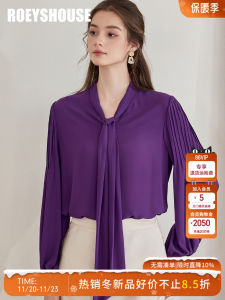 Fashionable Orchid Purple Shirt Womens Lantern Sleeve Blouse Tie Neck Roeys House Commute Style Polyester Fiber Long Sleeve