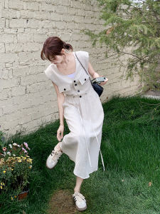 French Vintage Sleeveless Dress Commuter Style Womens Workwear Light Maturity Summer Long Skirt A-Line V-Neck Single Button