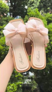 Dép Sandal Nữ Đế Bệt Quai Ngang Phối Nơ Tiểu Thư Xinh Xắn Dép Bệt Mũi Vuông Hở Ngón Đế Mềm Mang Êm Chân Chống Trơn Trượt