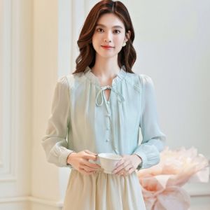 French Butterfly Knot Long Sleeve Womens Chiffon Shirt Elegant Ageless High-End Feeling Beautiful Top for Autumn Season